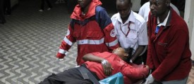 An injured blast victim arrives at Kenyatta National Hospital in Nairobi